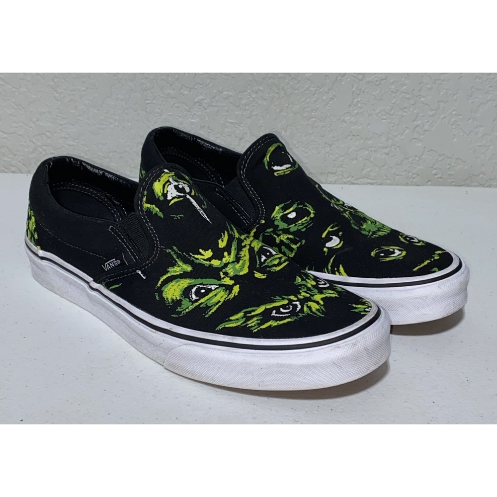 Vans Classic Slip-Ons Eyes in the Dark Black Green Monster Skull Mens Size 10